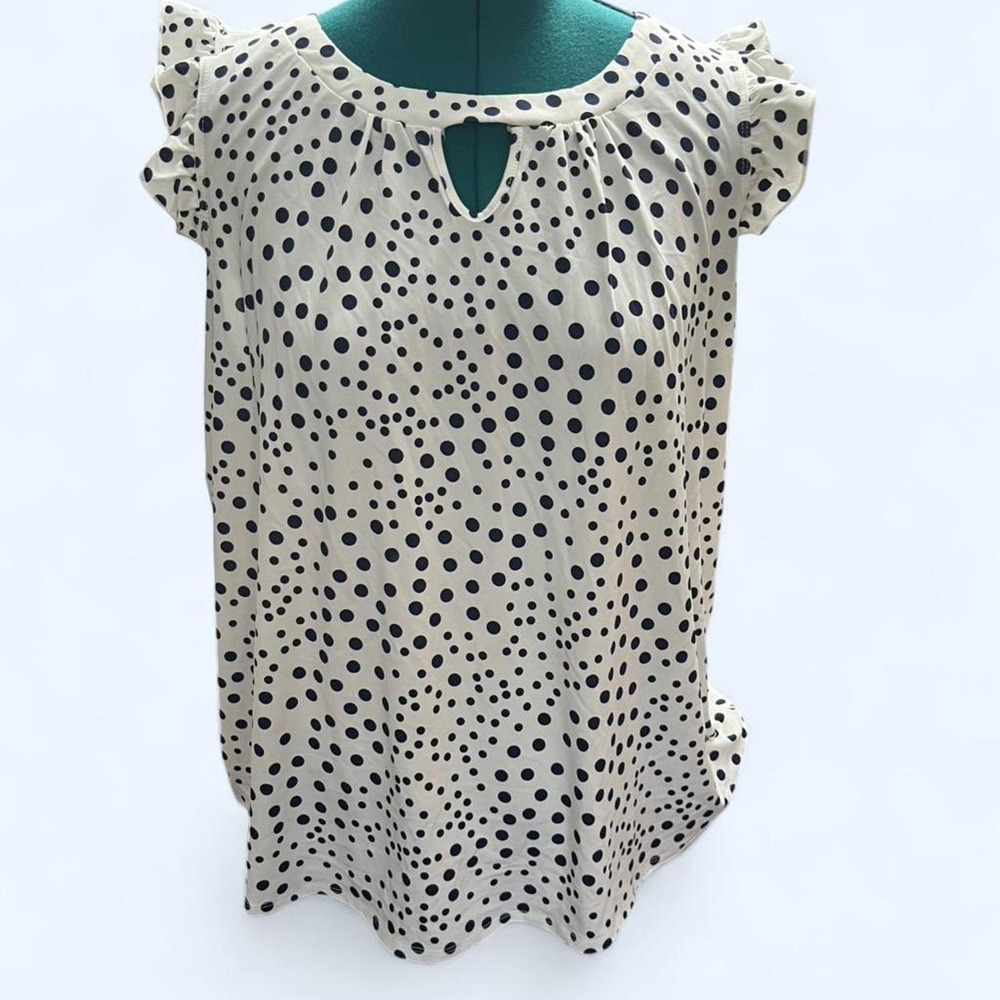 White and black polka dot blouse with ruffle sleeves and V-neck new with tags